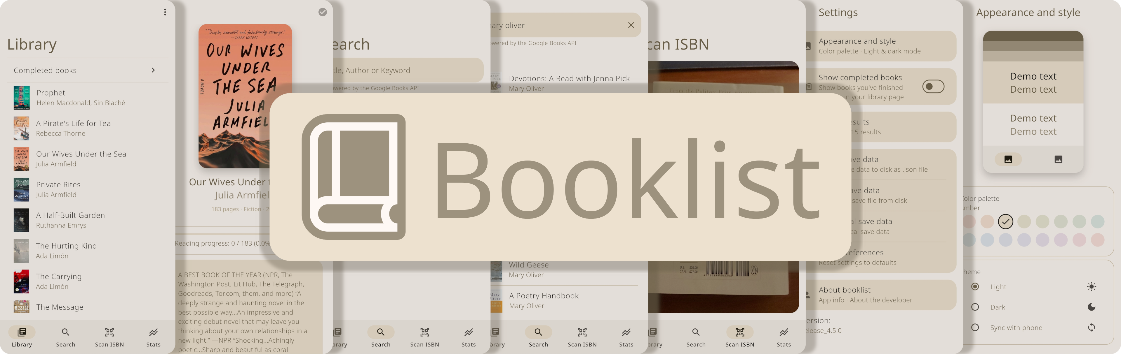 Banner image for the Booklist project, showing screenshops of various app pages