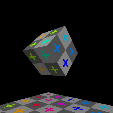 A screenshot of the software rasterizer running, showing a textured, shaded cube rotating above a plane.